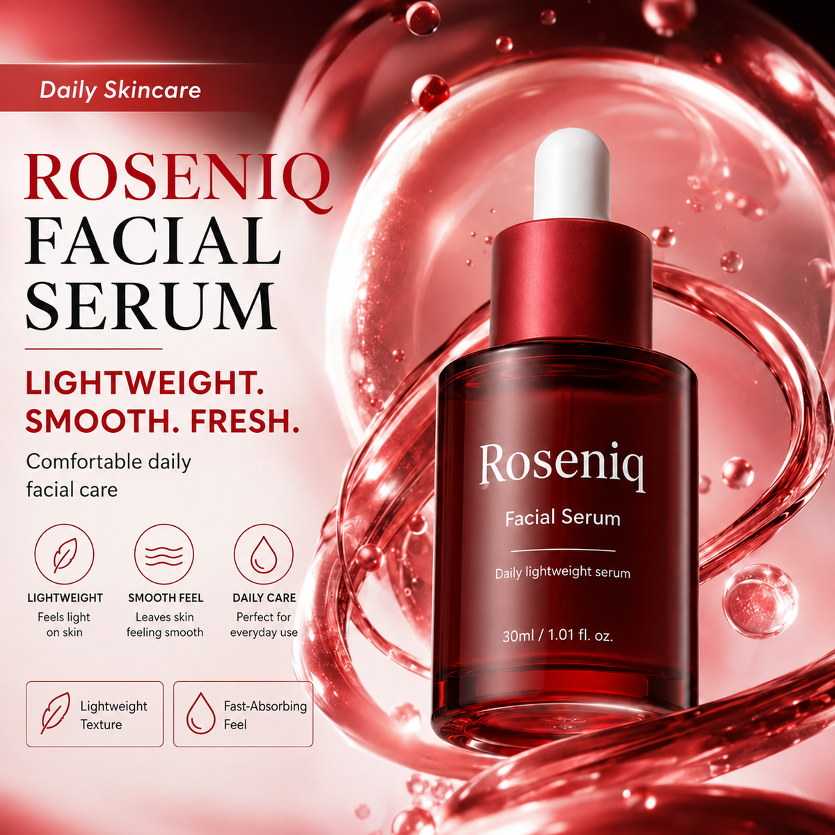 Roseniq Facial Serum in a deep red dropper bottle