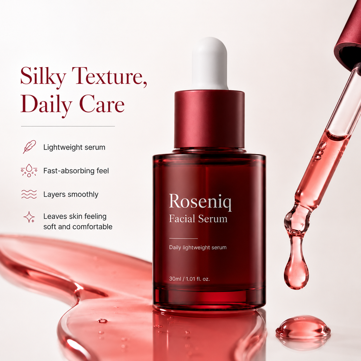 Roseniq Facial Serum with dropper and serum texture
